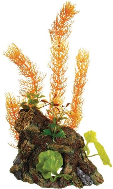 Marina Decor Wood Ornament with tall orange and green artificial plants on a molded driftwood mound for a freshwater aquarium