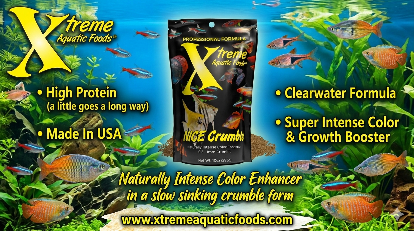 Xtreme NICE Crumbles banner, high-protein color-enhancing 0.5 to 1mm slow-sinking crumble for freshwater fish, made in USA