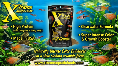 Xtreme NICE Crumbles banner, high-protein color-enhancing 0.5 to 1mm slow-sinking crumble for freshwater fish, made in USA