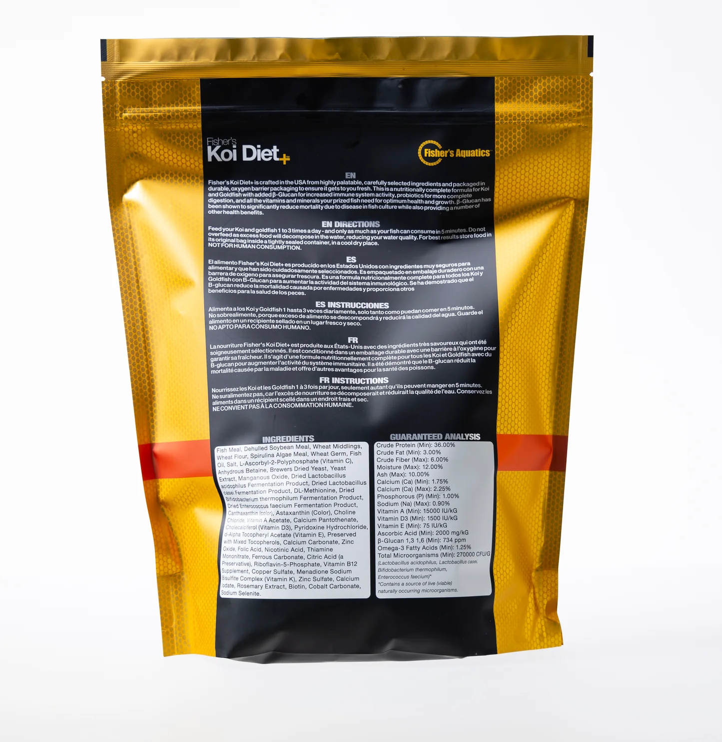 Fisher's Koi Diet+ bag back showing feeding directions, ingredients, and guaranteed analysis