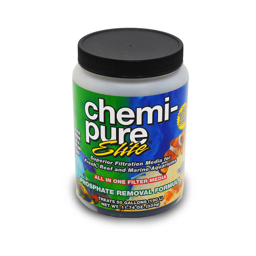 Chemi-pure Elite filter media jar front label showing phosphate removal formula