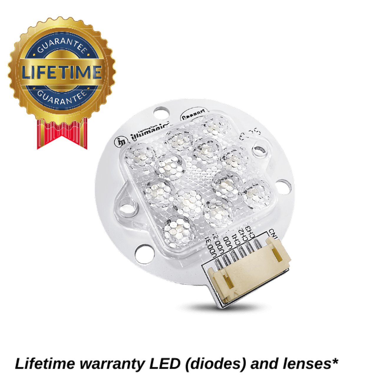 Illumagic X4 LED cluster with silicone DBR lens and lifetime lens warranty badge