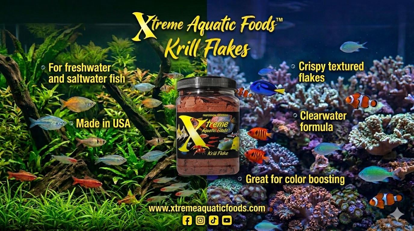 Xtreme Aquatic Foods Krill Flakes banner for freshwater and saltwater fish, made in USA