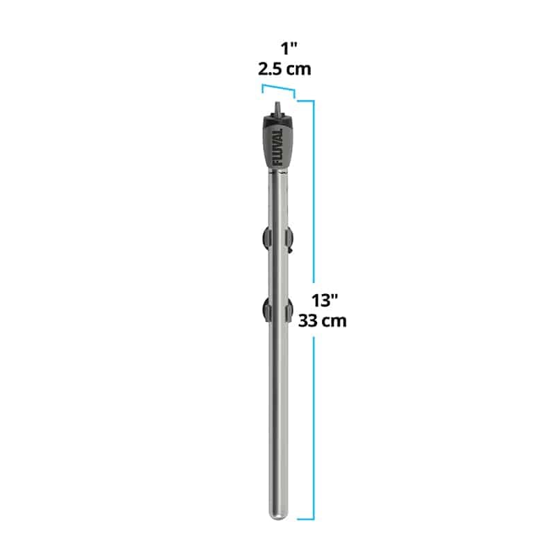 Fluval M150 mirror-glass heater dimensions diagram, 13 inches tall with a top control dial