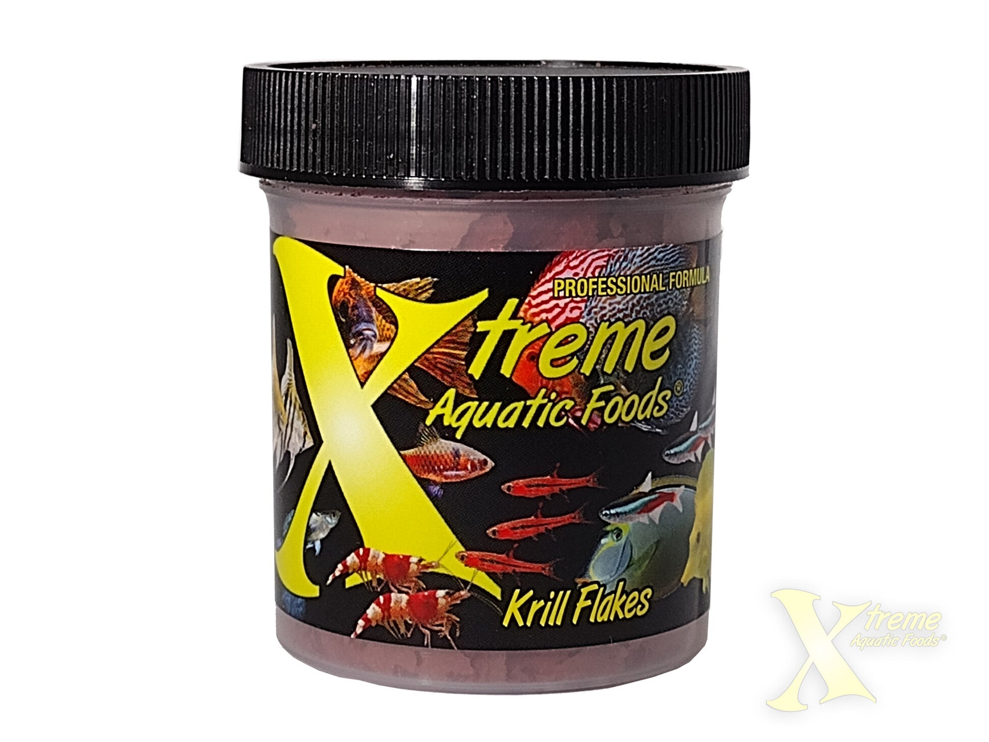 Xtreme Aquatic Foods Krill Flakes jar front label showing freshwater and saltwater fish