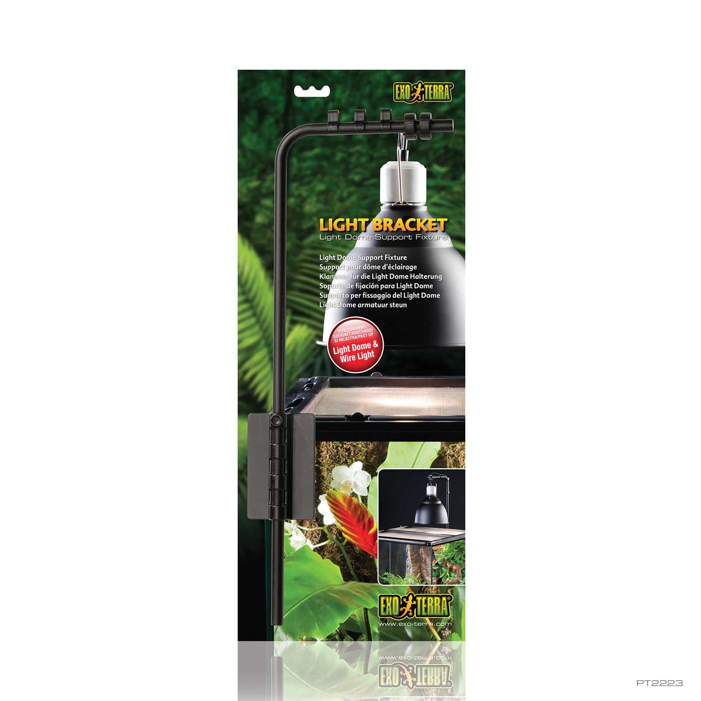 Exo Terra Light Bracket Lamp Holder retail package showing the bracket suspending a dome light over a terrarium