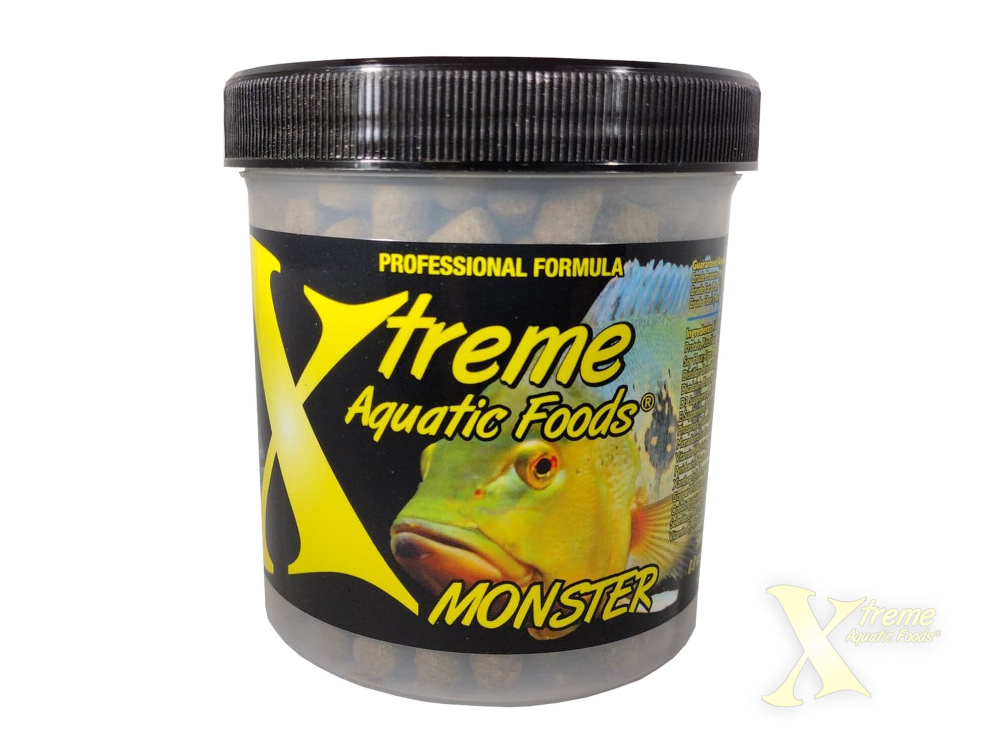 Xtreme Aquatic Foods Monster 9mm sinking pellets jar front label with predatory cichlid