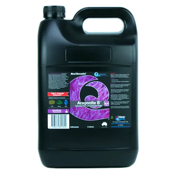 Quantum Aragonite B Alkalinity reef supplement, 5 L bottle with dosing label, Australian made