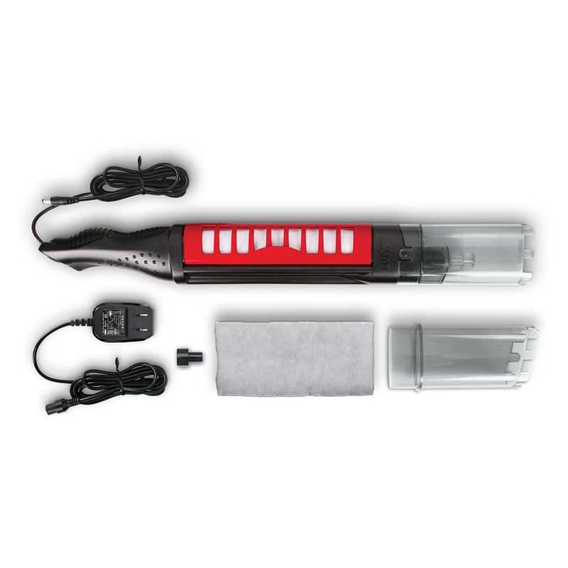 Fluval ProVac gravel cleaner with power adapter, filter pad, and extender nozzle