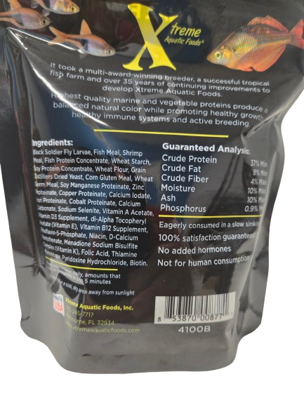Xtreme So-Fly Crumble pouch back label with ingredients and guaranteed analysis