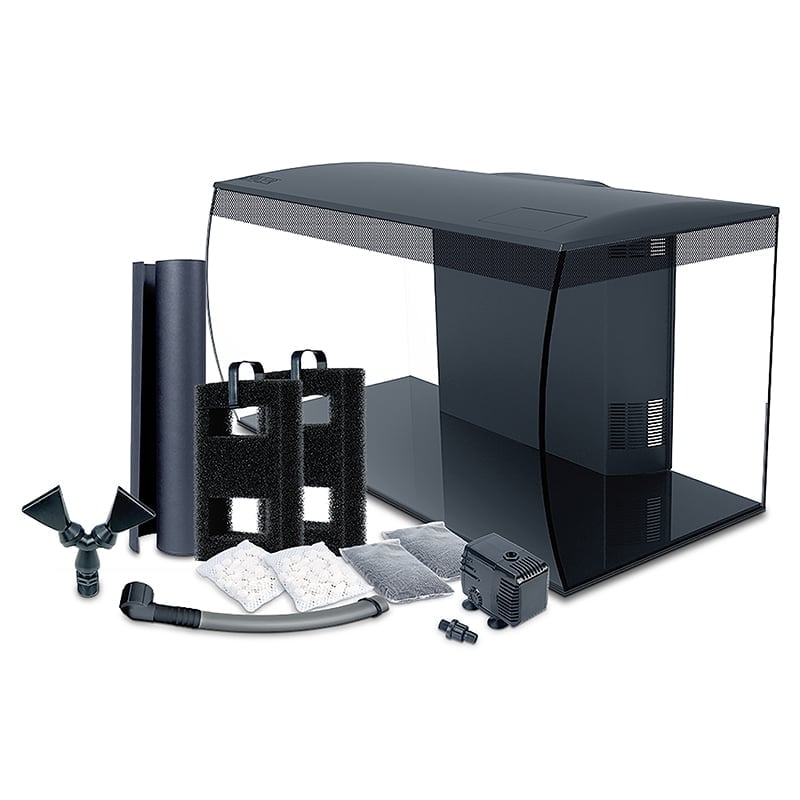 Fluval Flex 32.5 aquarium with included circulation pump, filter foam, carbon and BioMax media, and nozzles