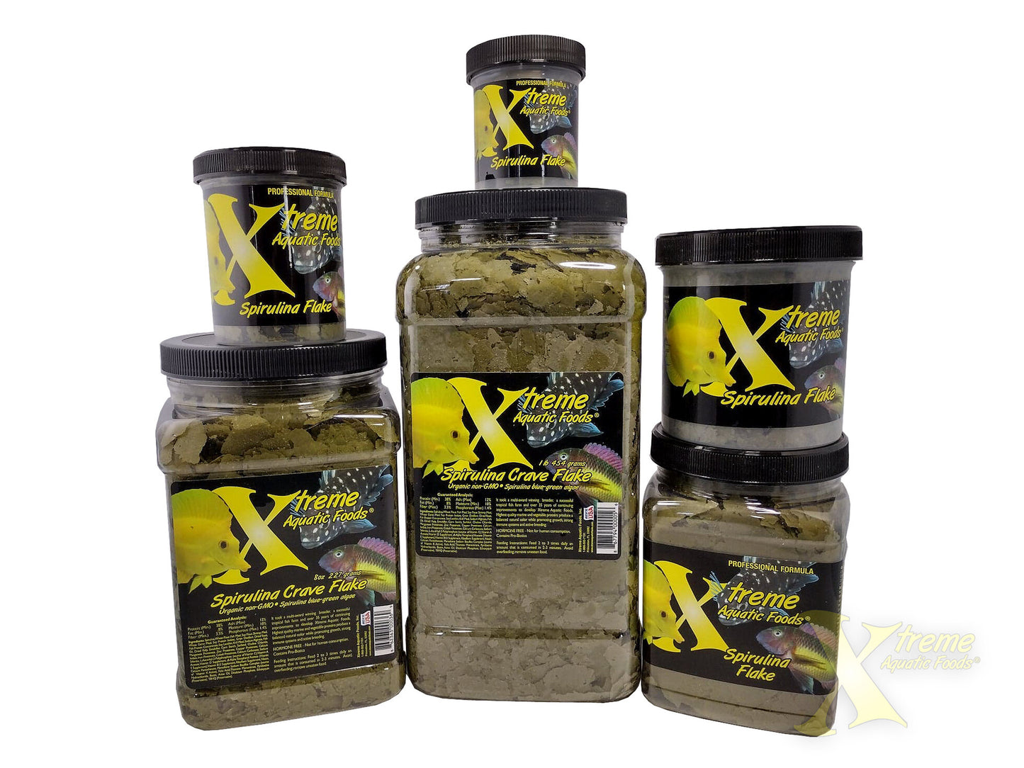 Xtreme Spirulina Flake shown in several jar sizes side by side