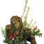 Marina Decor Wood Ornament shaped like a hollow driftwood stump with green and red artificial plants and a cave opening for a freshwater aquarium