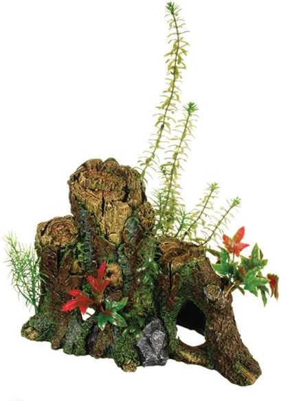 Marina Decor Wood Ornament shaped like a hollow driftwood stump with green and red artificial plants and a cave opening for a freshwater aquarium