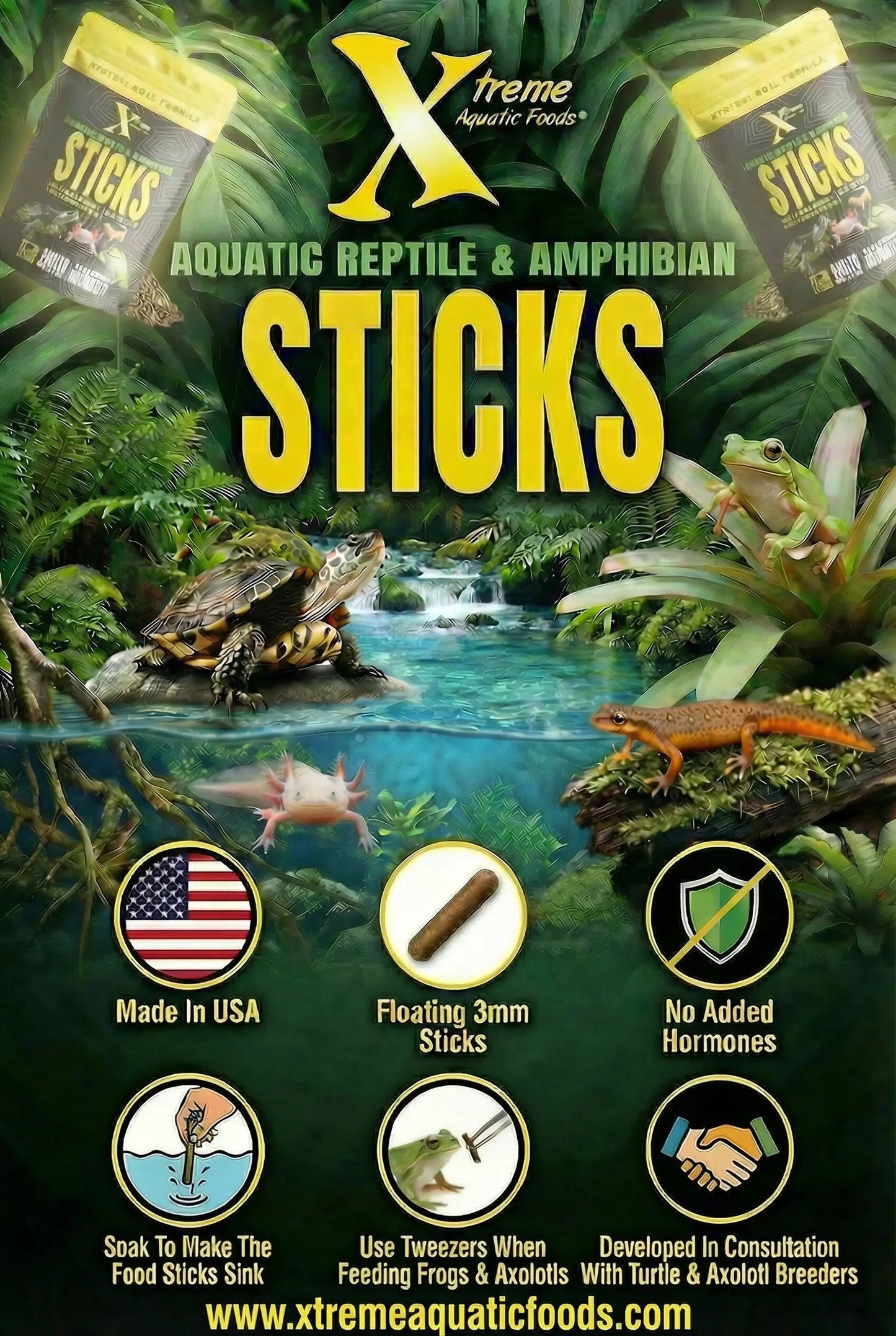 Xtreme Aquatic Reptile and Amphibian Sticks banner with turtle, frog, axolotl, and newt, 3mm floating sticks made in USA