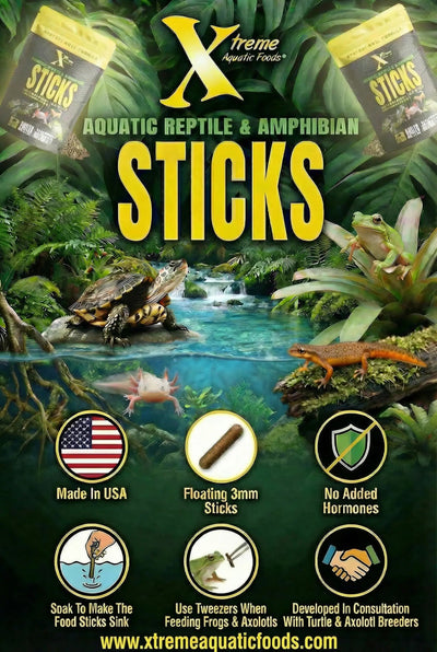 Xtreme Aquatic Reptile and Amphibian Sticks banner with turtle, frog, axolotl, and newt, 3mm floating sticks made in USA