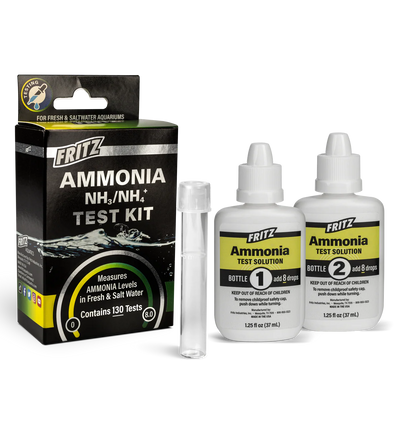 Fritz Ammonia Test Kit box with sample tube and two reagent bottles for freshwater and saltwater aquariums