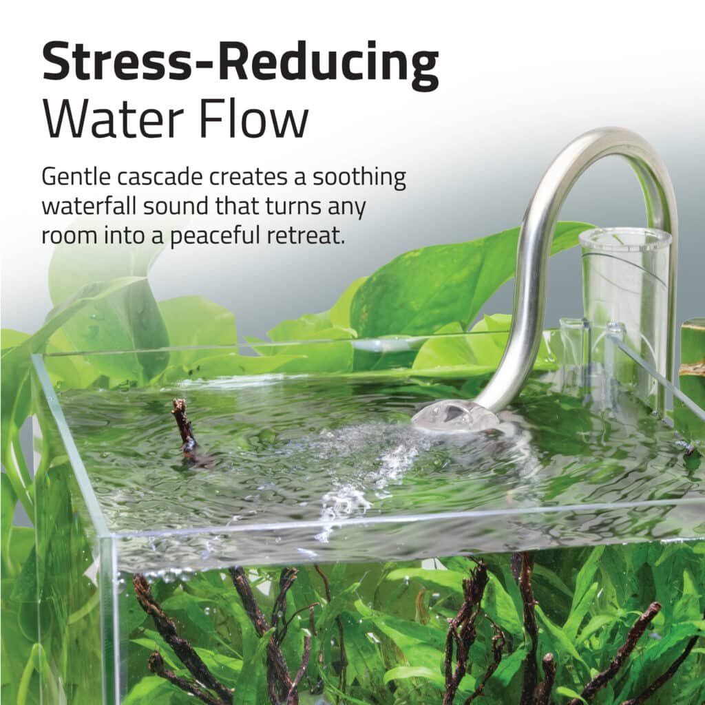 Close-up of the Kühl's gentle cascade water outlet creating a soothing waterfall flow