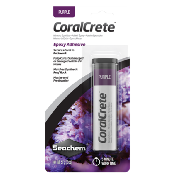 Seachem CoralCrete Purple 2 oz epoxy adhesive package matching coralline reef rock