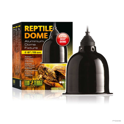 Exo Terra Reptile Dome aluminum reflector light fixture beside its packaging