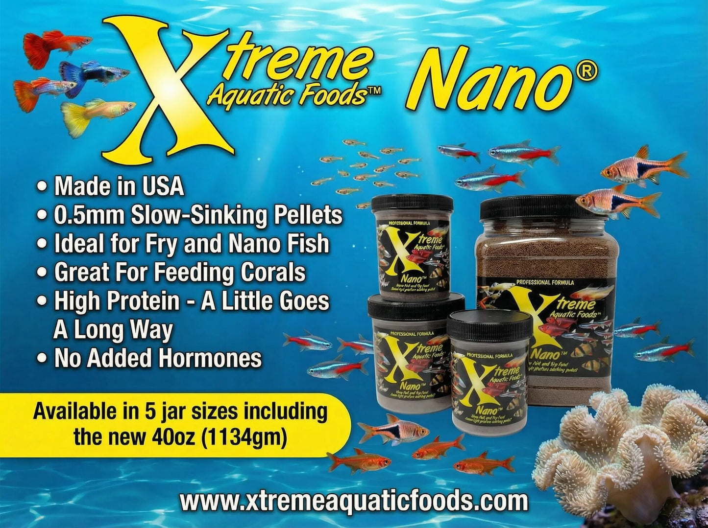 Xtreme Nano 0.5mm slow-sinking pellets, high-protein food for nano fish, small community fish, and fry