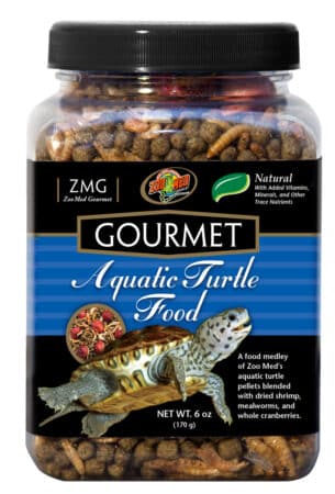 Zoo Med Gourmet Aquatic Turtle Food 6 oz jar, turtle pellets with shrimp, mealworms, and cranberries
