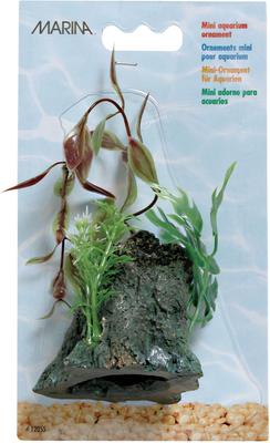 Marina Decor Wood Ornament Mini in packaging, molded resin driftwood replica with attached artificial aquarium plants for a freshwater tank