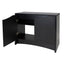 Fluval Flex 32.5 aquarium stand, black cabinet with left door open showing the interior shelf and half-open back panel
