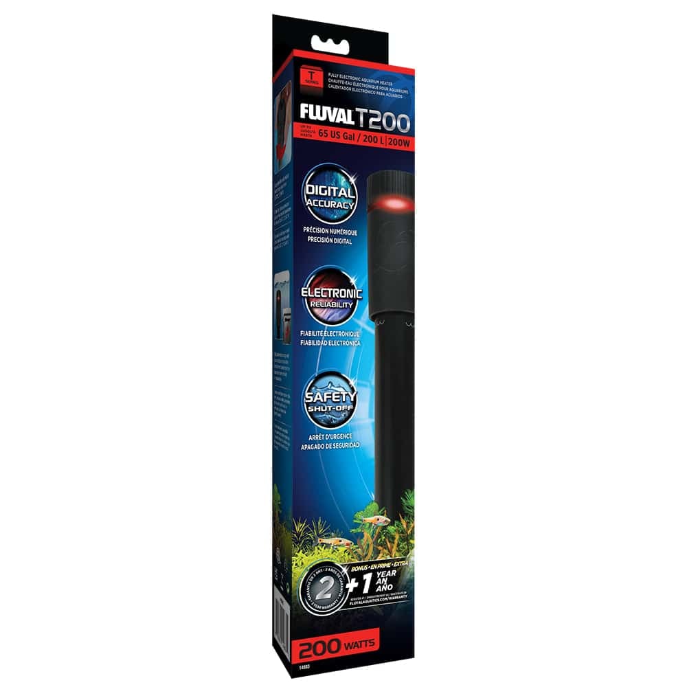 Fluval T200 electronic aquarium heater retail box, up to 65 US gallons, 200 watts