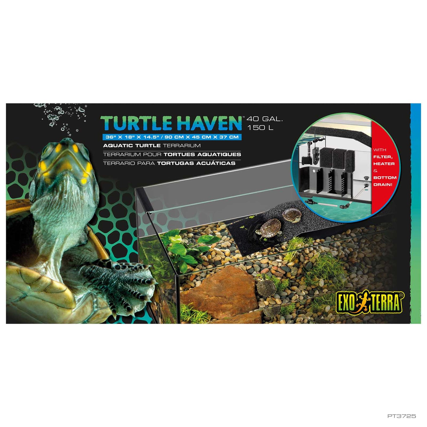 Exo Terra Turtle Haven 40 gallon aquatic turtle terrarium with filter, heater, and bottom drain