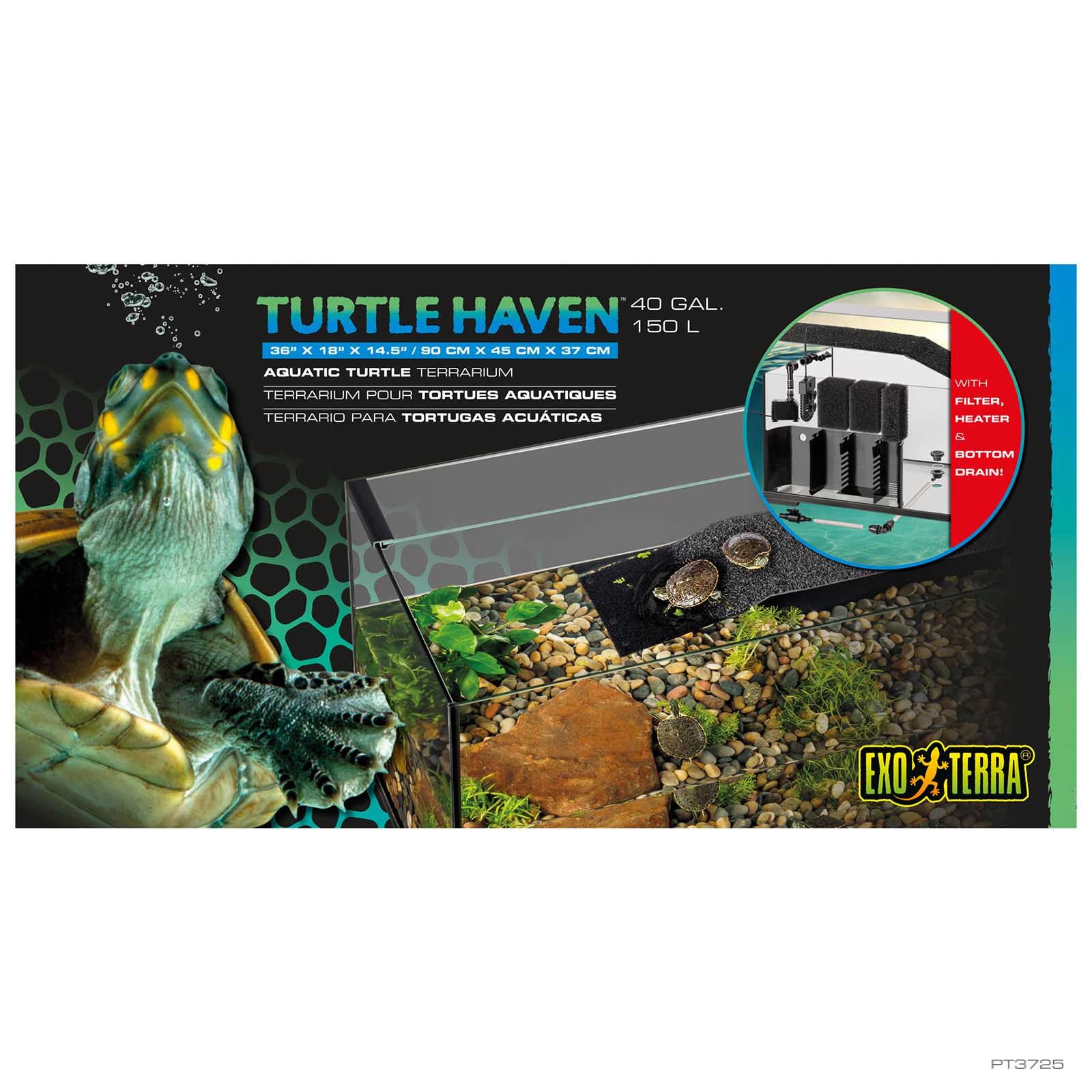 Exo Terra Turtle Haven 40 gallon aquatic turtle terrarium with filter, heater, and bottom drain