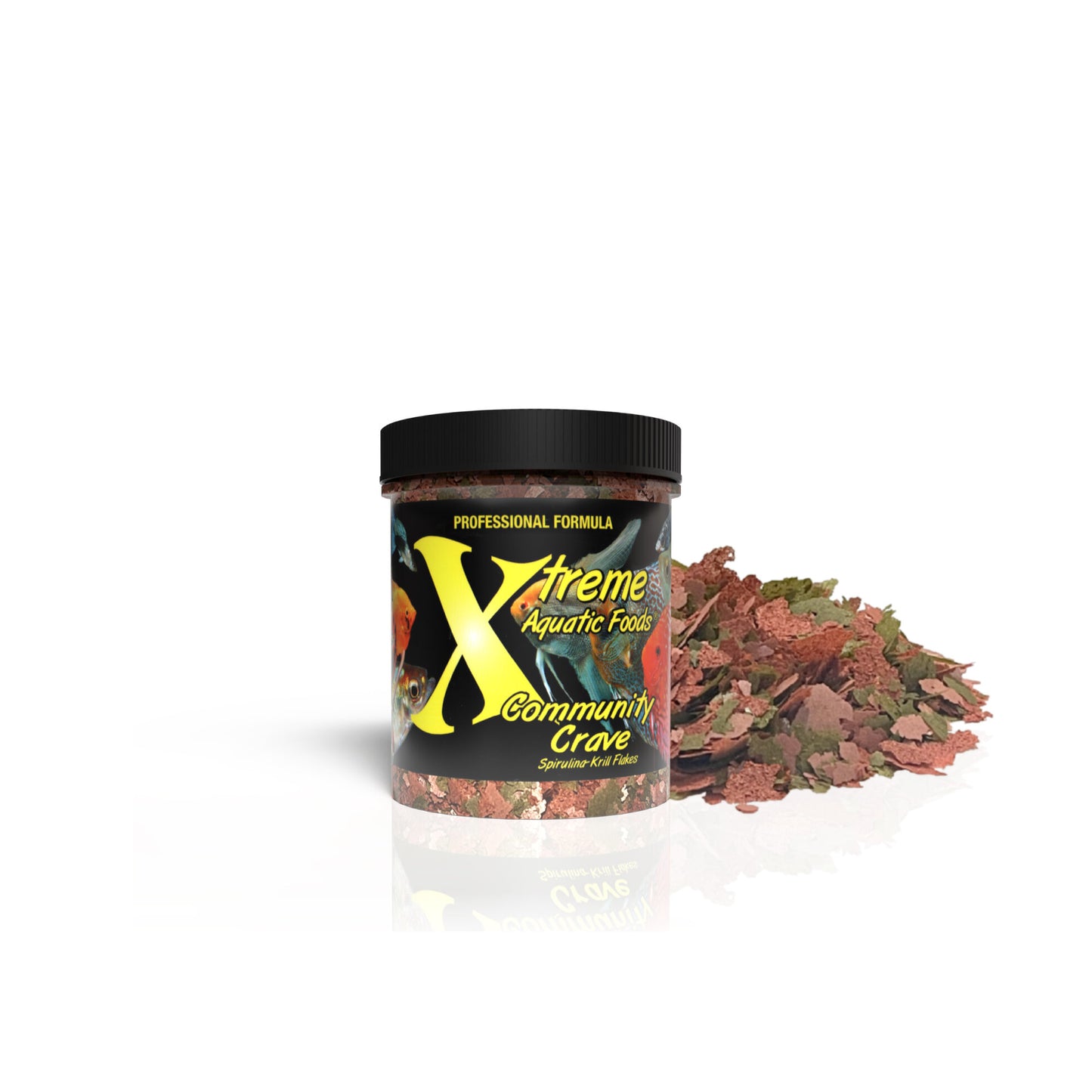 Xtreme Community Crave jar with spilled Spirulina-Krill flakes showing texture