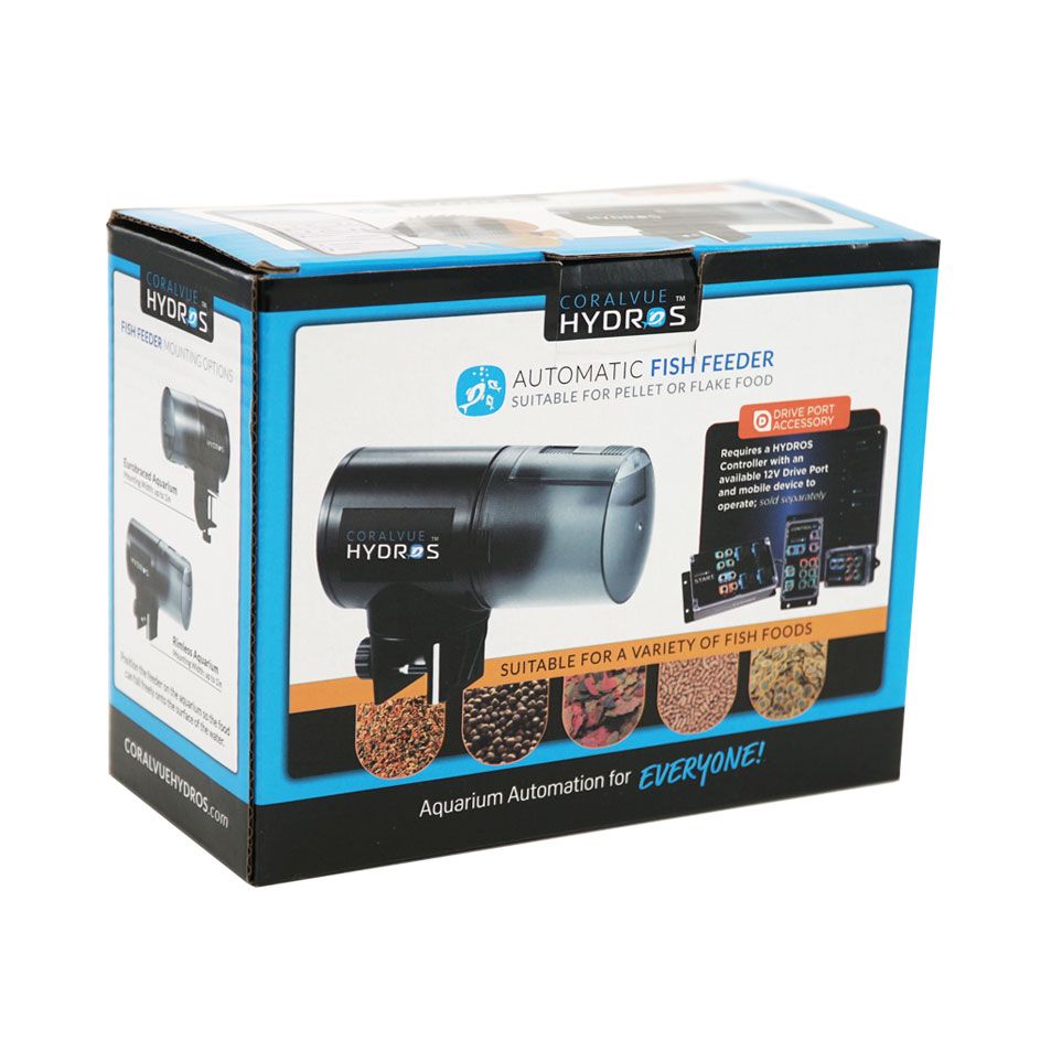 HYDROS Drive Port Automatic Fish Feeder retail box, app-controlled feeder for pellet or flake food