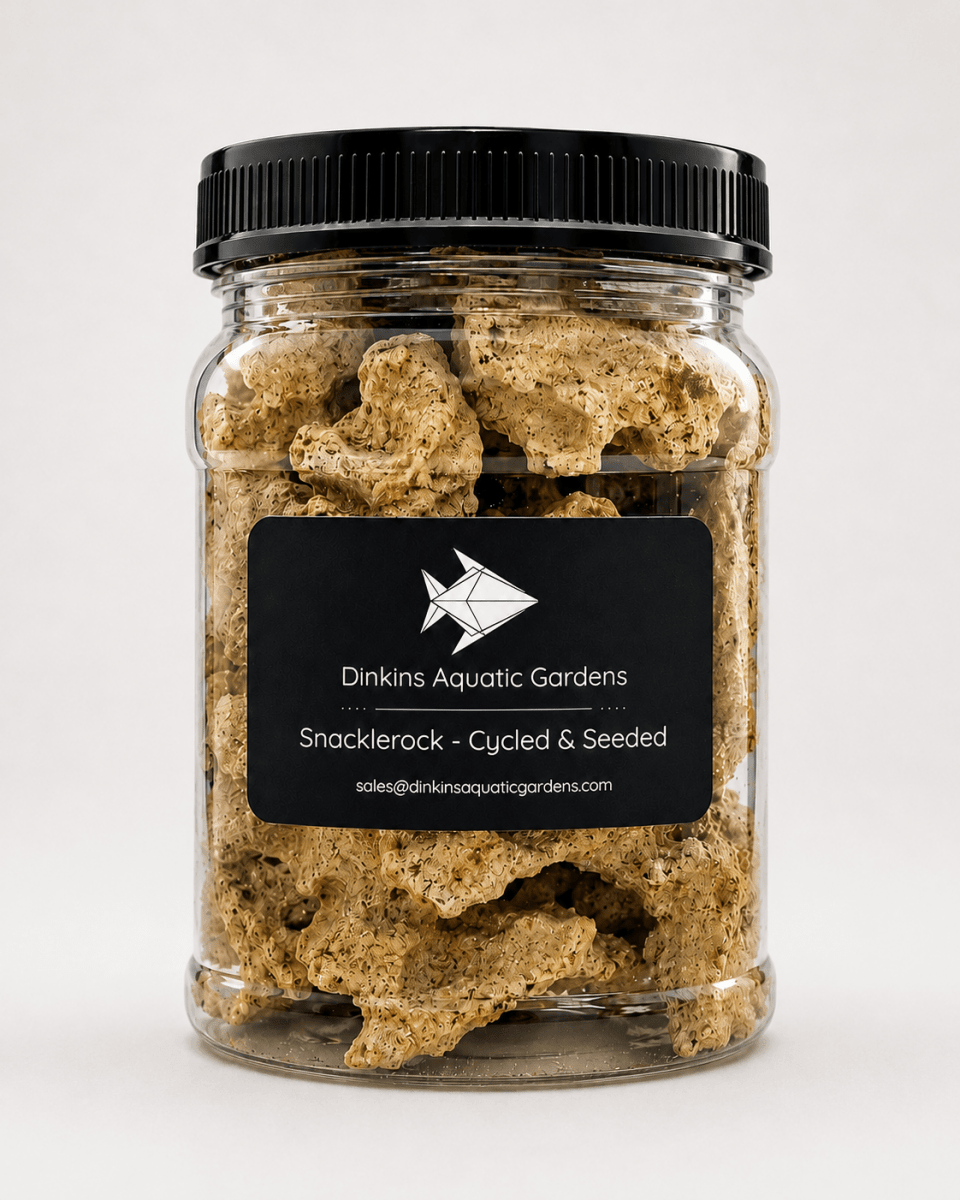 Dinkins Aquatic Gardens Snacklerock, a jar of live aquacultured rock rubble seeded with copepods for a saltwater reef aquarium