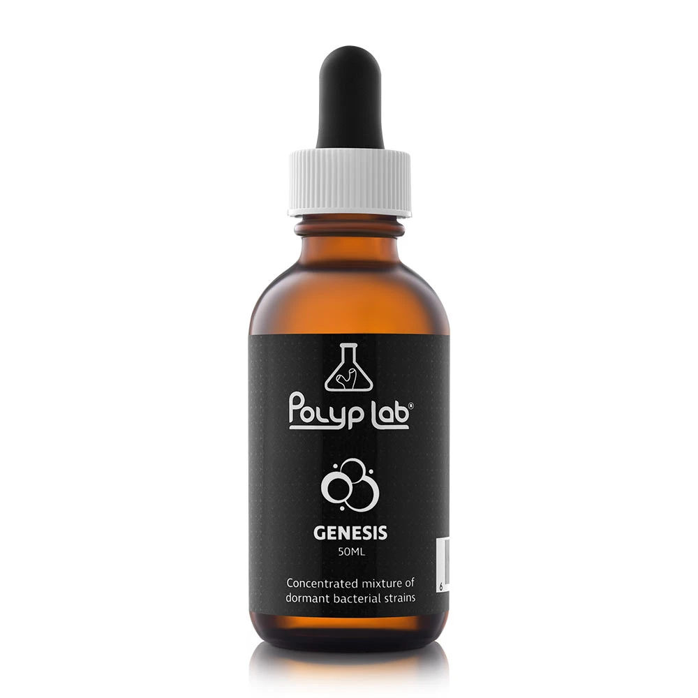 PolypLab Genesis Bacterial Blend 50mL bottle - concentrated dormant bacteria for saltwater reef tank cycling and biofilm support