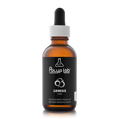 PolypLab Genesis Bacterial Blend 50mL bottle - concentrated dormant bacteria for saltwater reef tank cycling and biofilm support