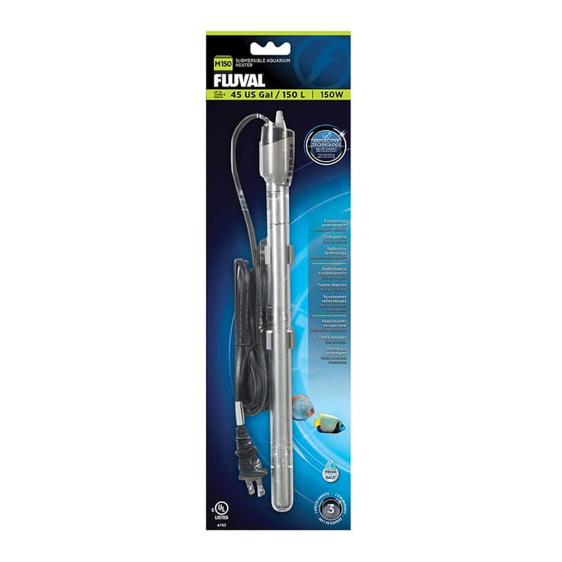 Fluval M150 mirror-glass aquarium heater in blister packaging, up to 45 US gallons, 150 watts