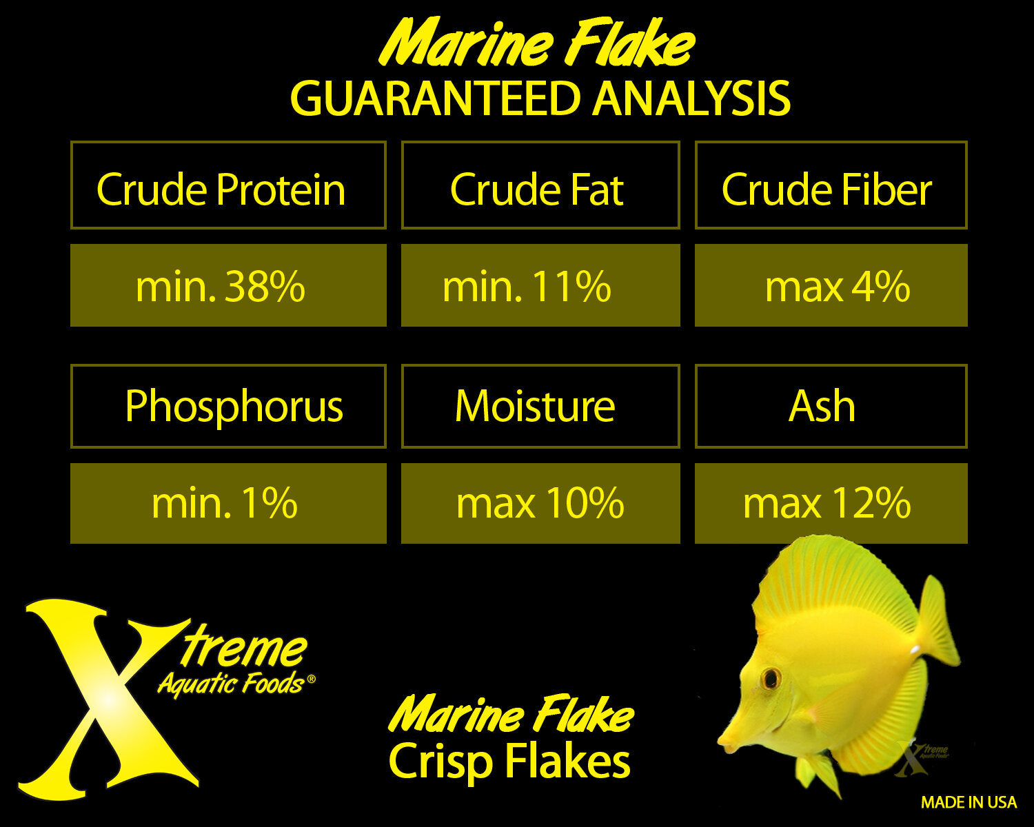 Xtreme Marine Flake guaranteed analysis: 38% protein, 11% fat, 4% fiber