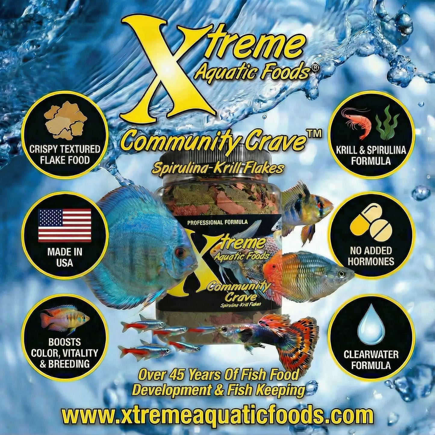 Xtreme Community Crave Spirulina-Krill Flakes banner for freshwater community fish, made in USA