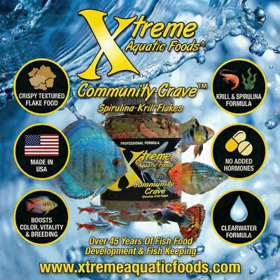 Xtreme Community Crave Spirulina-Krill Flakes banner for freshwater community fish, made in USA