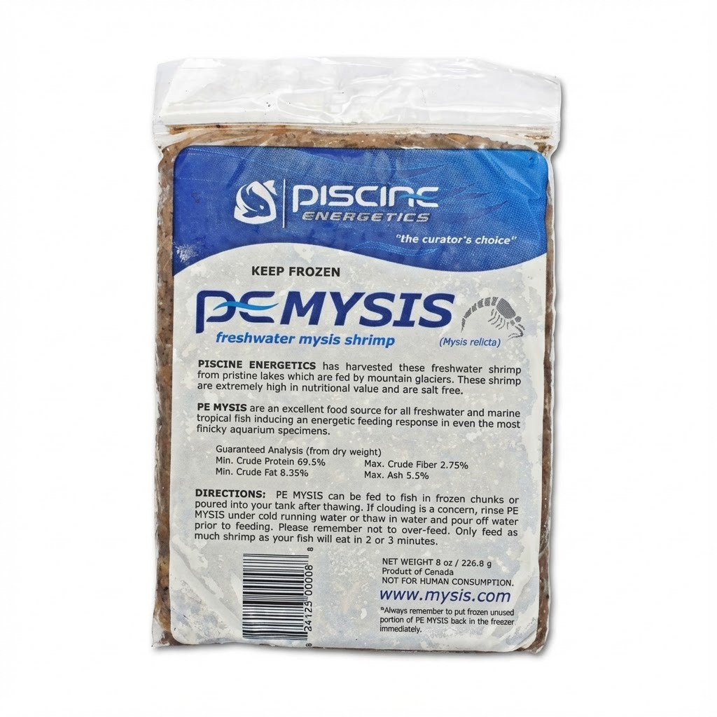 Piscine Energetics PE Mysis frozen flat pack showing guaranteed analysis and feeding directions