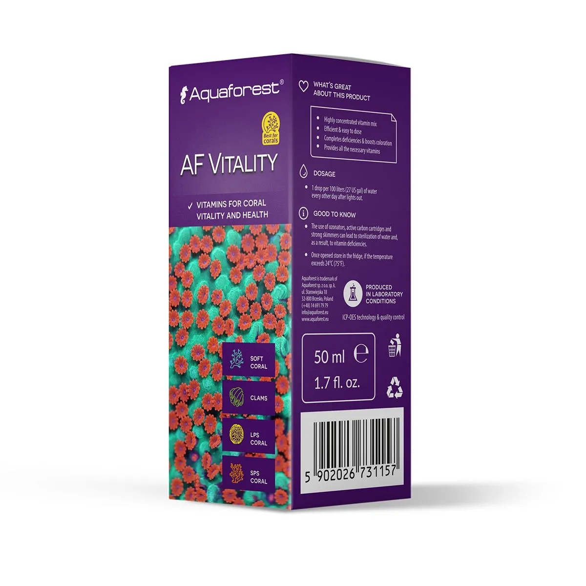 Aquaforest AF Vitality coral vitamin supplement box, 50 mL, for SPS, LPS, soft corals, and clams