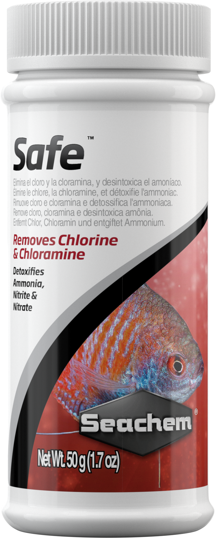 Seachem Safe bottle front, dry powder dechlorinator that removes chlorine and chloramine