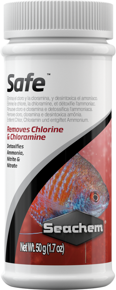 Seachem Safe bottle front, dry powder dechlorinator that removes chlorine and chloramine