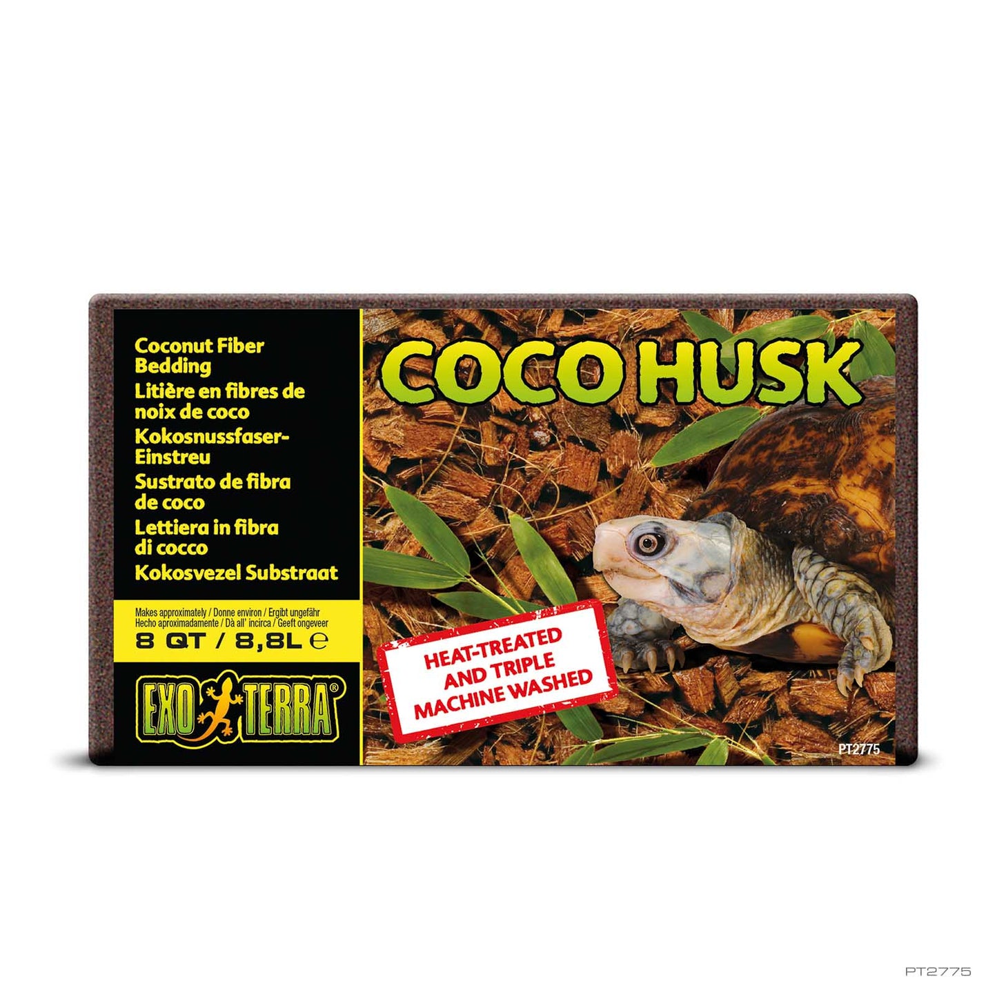 Exo Terra Coco Husk packaging, a compressed coconut-husk substrate brick for tropical terrariums