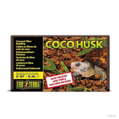 Exo Terra Coco Husk packaging, a compressed coconut-husk substrate brick for tropical terrariums