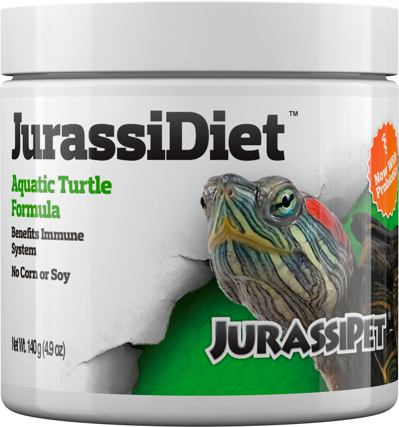 JurassiDiet Aquatic Turtle Formula with probiotics, 140 g jar, front label