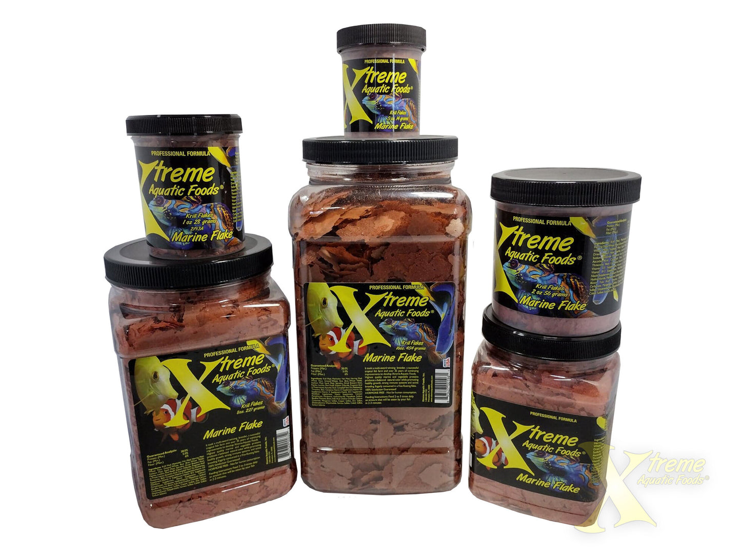Xtreme Marine Krill Flakes shown in all jar sizes, marine flake fish food