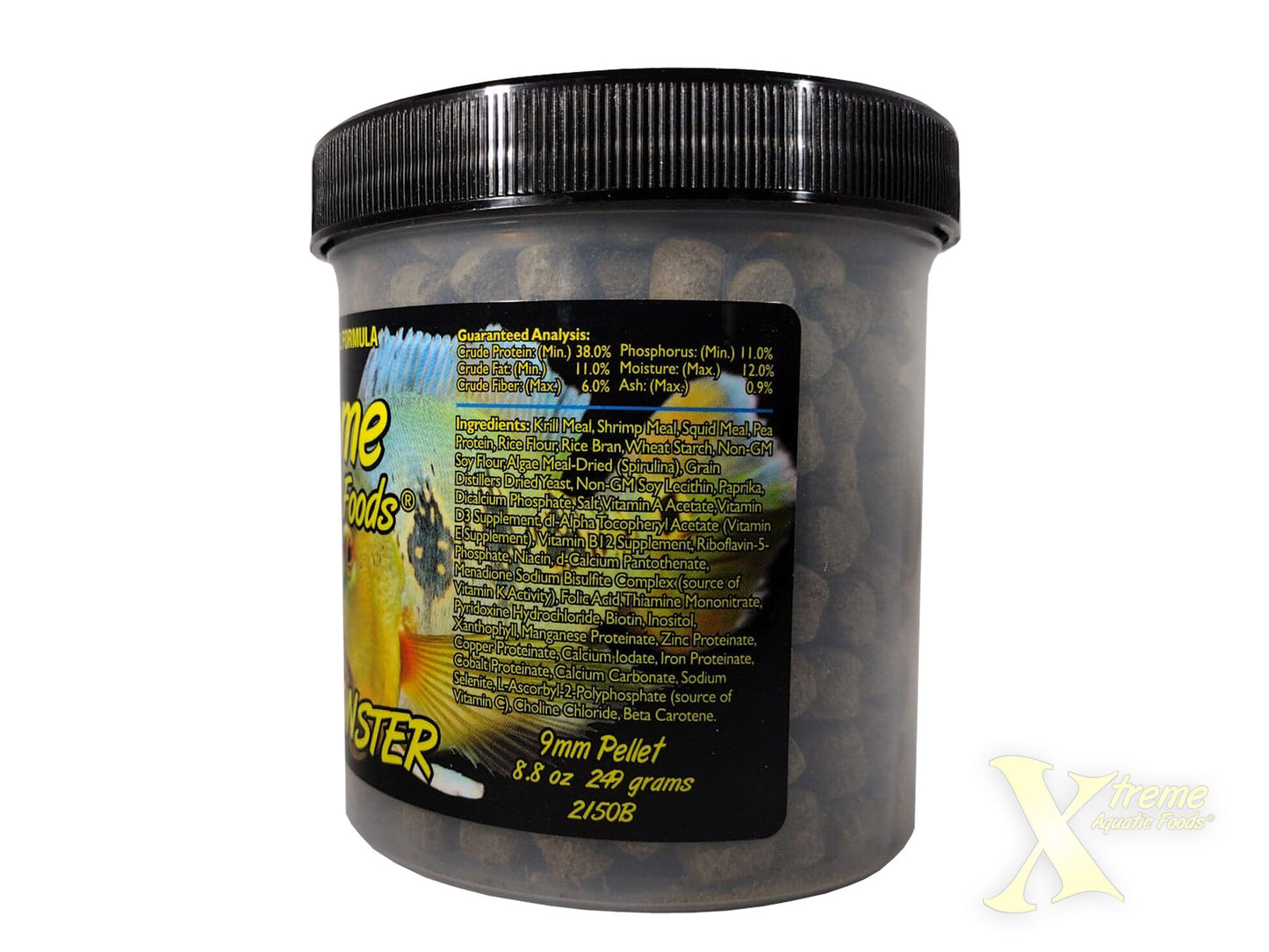 Xtreme Aquatic Foods Monster 9mm pellets jar label with guaranteed analysis and ingredients