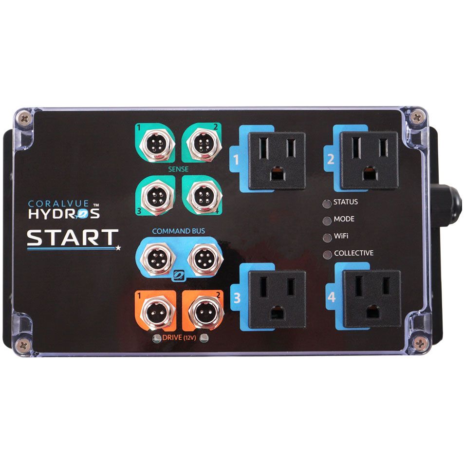 CoralVue HYDROS Start WiFi aquarium controller top view with four AC outlets, Sense ports, and 12V Drive ports